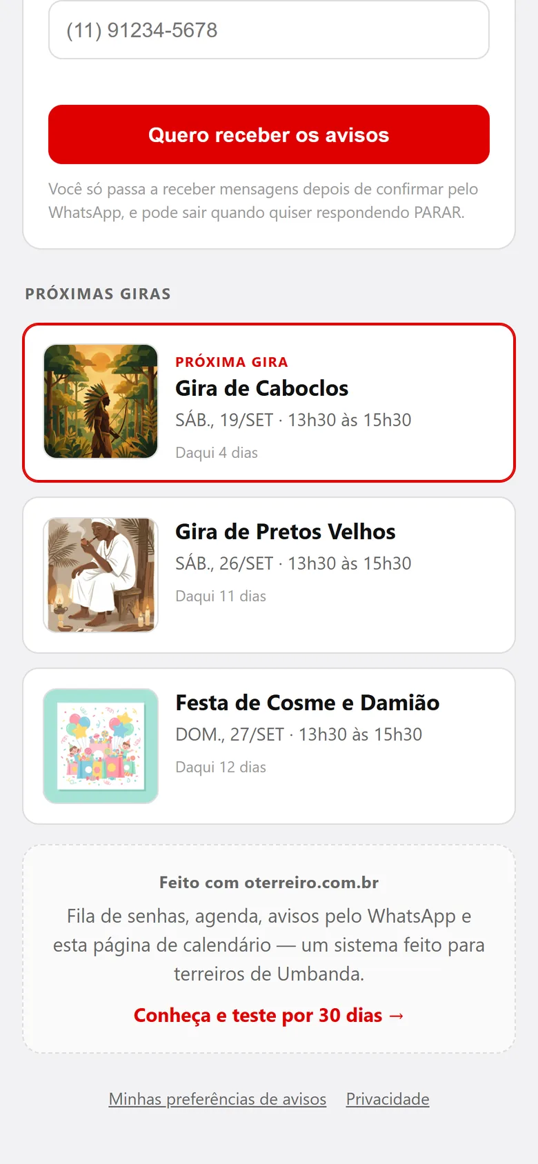 Página pública da casa com as próximas giras e a arte de cada uma.