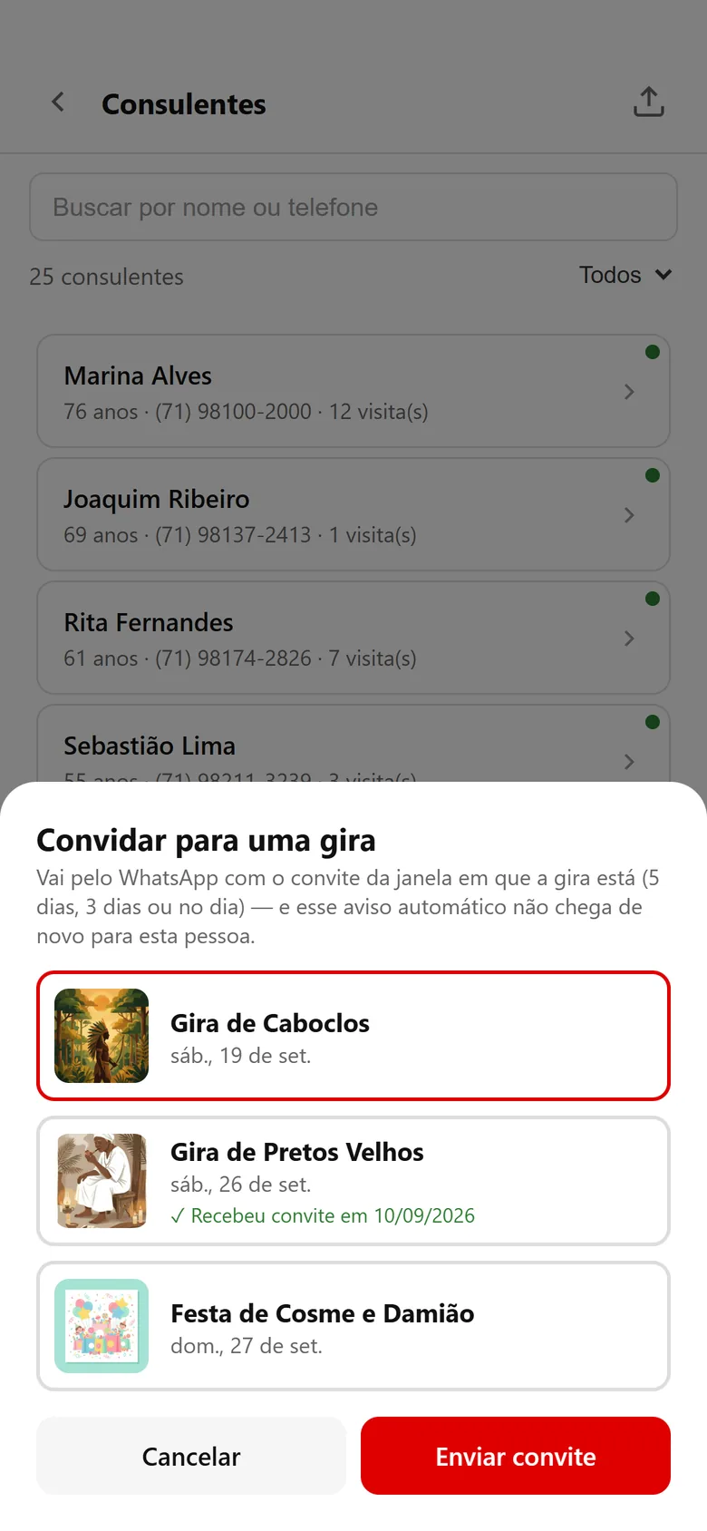 Janela Convidar para uma gira, com as próximas giras para escolher.