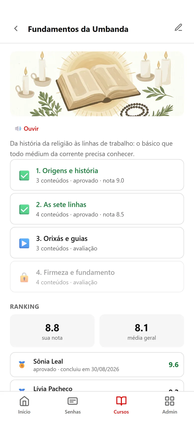 Curso Fundamentos da Umbanda com módulos concluídos, disponível e bloqueado.